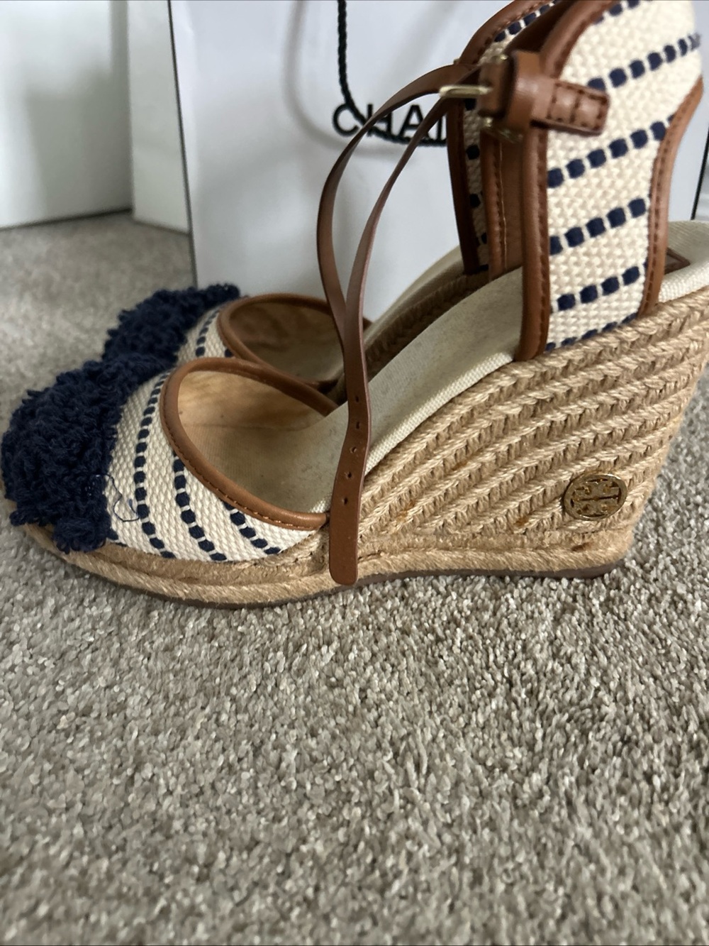 Tory Burch Navy, Cream & Tan Espadrille Wedge Sandals